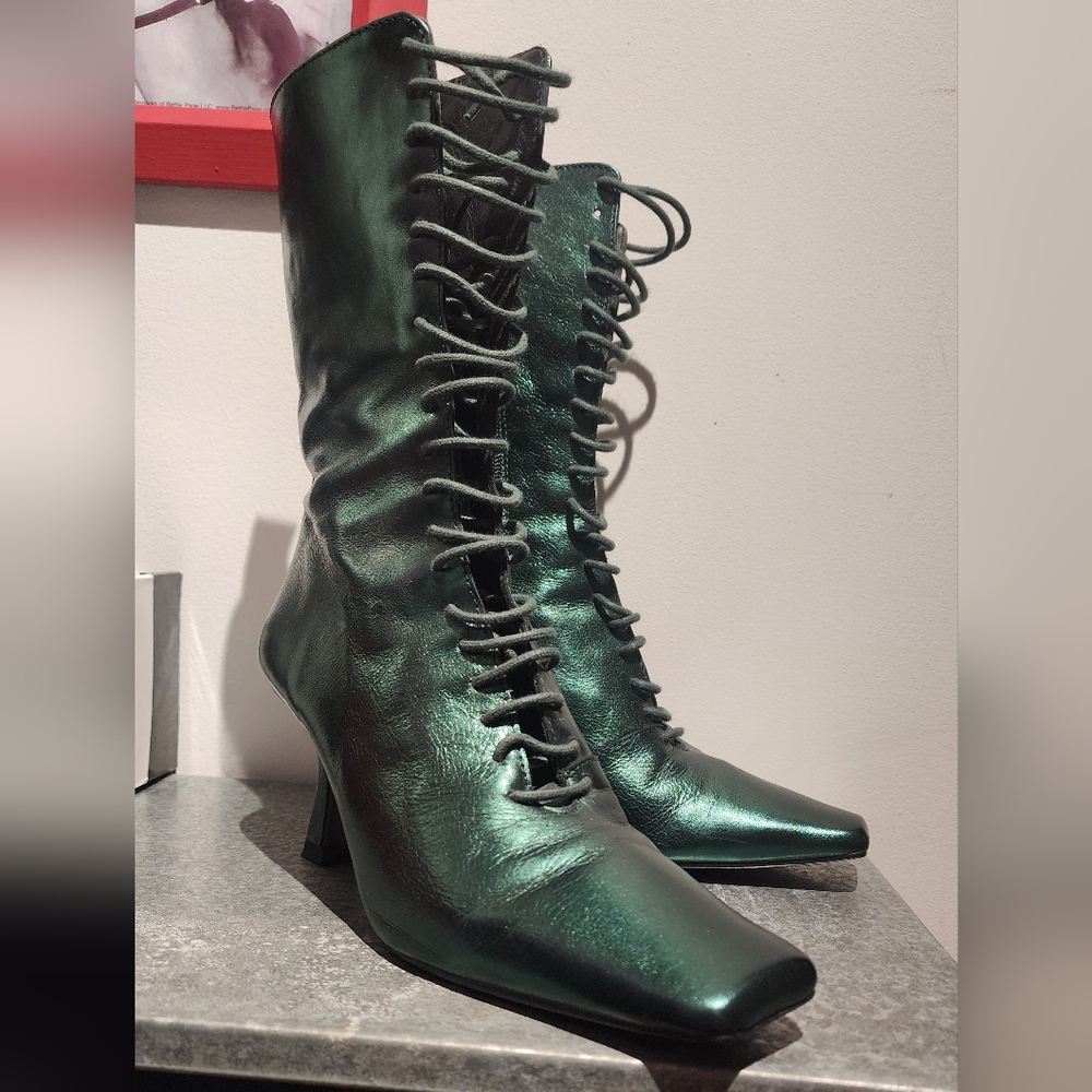 Metallic Green L'intervalle Square Toe Leather Boots - Picture 3 of 11
